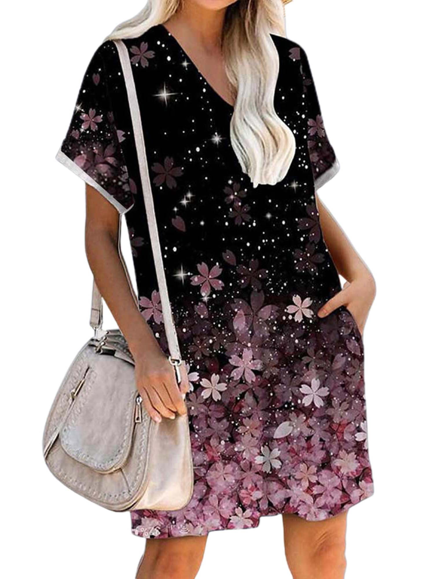 DYMADE Women's Summer Short Sleeve V Neck Floral Pocket T-Shirt Dress ...