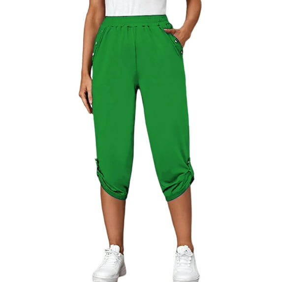 DYMADE Women's Summer Spliced Solid Elastic Waist Athletic Fit Cropped Bermuda Sweatpants