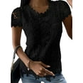 thumbnail image 1 of DYMADE Women's Tops Plus Size S-5XL Summer Lace Stitching Round Short Solid Casual Basic T-Shirts, 1 of 2
