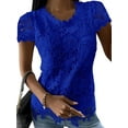 thumbnail image 1 of DYMADE Women's Tops Plus Size S-5XL Summer Lace Stitching Round Short Solid Casual Basic T-Shirts, 1 of 2