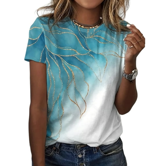 DYMADE Women's Tops Summer Short Sleeve Round Neck Printing Tunic T-Shirt