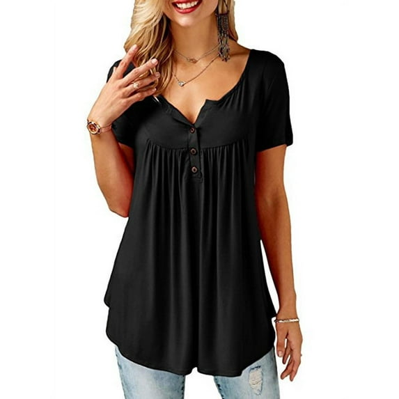 DYMADE Women's V Neck Baggy Peplum Tunic Tops Summer Loose Short Sleeve Casual T-Shirts Blouse