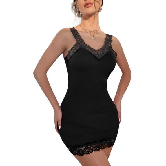 DYMADE Women's Valentine's Day Honeymoon Christmas Sexy Backless Sheer Lace Patchwork Nightdress Bobydoll Lingerie