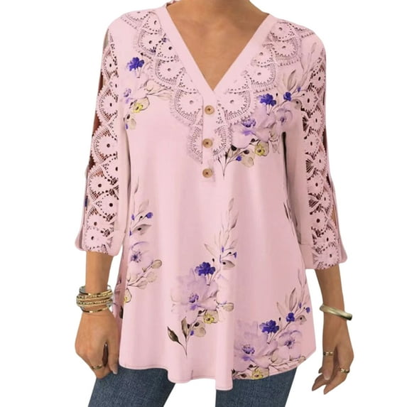 DYMADE Womens 3/4 Sleeve V-Neck Button Pullover Summer Lace Stichting Casual Blouse