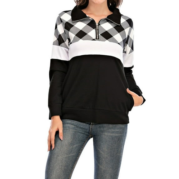 DYMADE Womens Activewear Sweatshirts Christmas Spliced Check Plaid Print Long Sleeve 1/2 Zip Casual Basic Jacket
