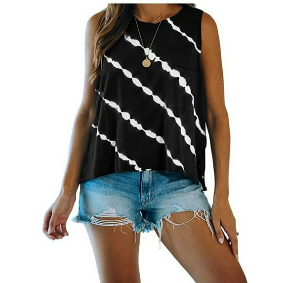 DYMADE Womens Casual Basic Tops Striped Printing Sleeveless Round Neck Summer Tank Tops