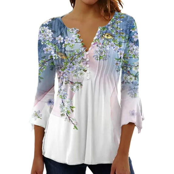 DYMADE Womens Casual Button Henley Tops Floral Print 3/4 Sleeve V-Neck Pleated Blouses T-Shirt