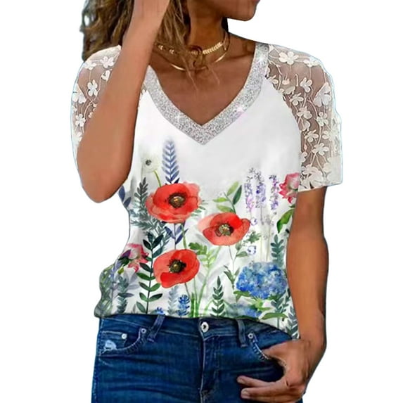 DYMADE Womens Casual Lace Stichting Short Sleeve V-Neck Floral Printed Summer Basic T-Shirts Blouses