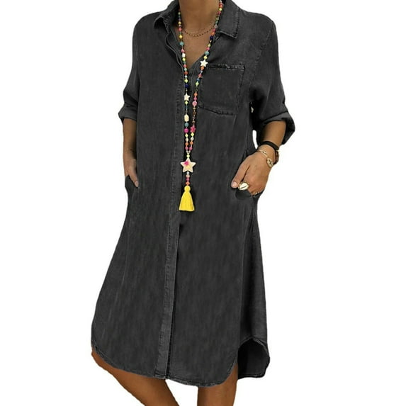 DYMADE Womens Casual Long Sleeve Loose Denim Shirt Solid Color Pockets Dress