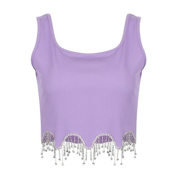 DYMADE Womens Casual Summer Rhinestones Sleeveless Square Neck Tassel Slim Sexy Camisole Tank Tops