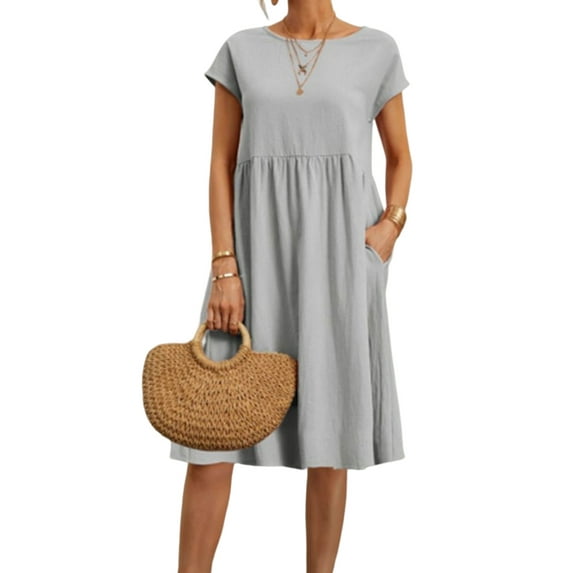 DYMADE Womens Cotton Linen Casual Round Neck Short Sleeve Pleated Summer Knee- Length A-Line Dresses