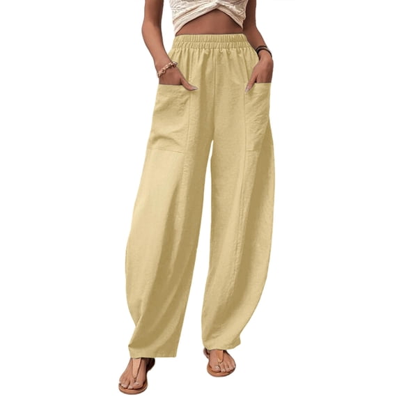 DYMADE Womens Cotton Linen Elastic Waist Pockets Full Length Summer Casual Pants