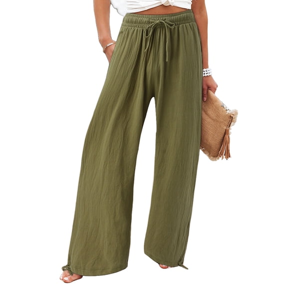 DYMADE Womens Cotton Linen Full Length Elastic Waist Draw String Solid Mid Waist Summer Casual Pants