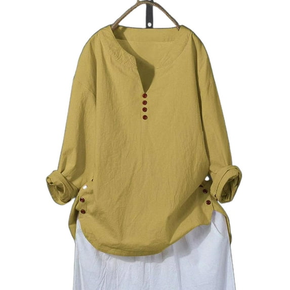 DYMADE Womens Cotton Linen Long Sleeve Buttons Plus Size Loose Shirt Blouses
