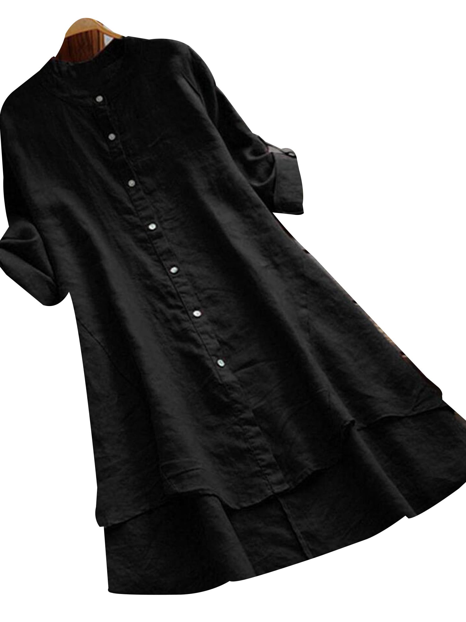 DYMADE Womens Cotton Linen Long Sleeve Loose Waist Button Henley Shirt ...