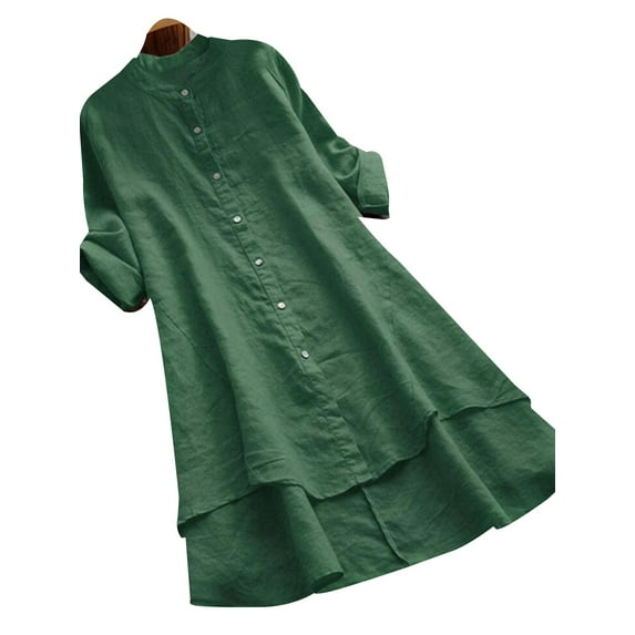 DYMADE Womens Cotton Linen Long Sleeve Loose Waist Button Henley Shirt Dresses Plus Size