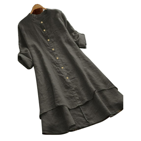 DYMADE Womens Cotton Linen Long Sleeve Loose Waist Button Henley Shirt Dresses Plus Size