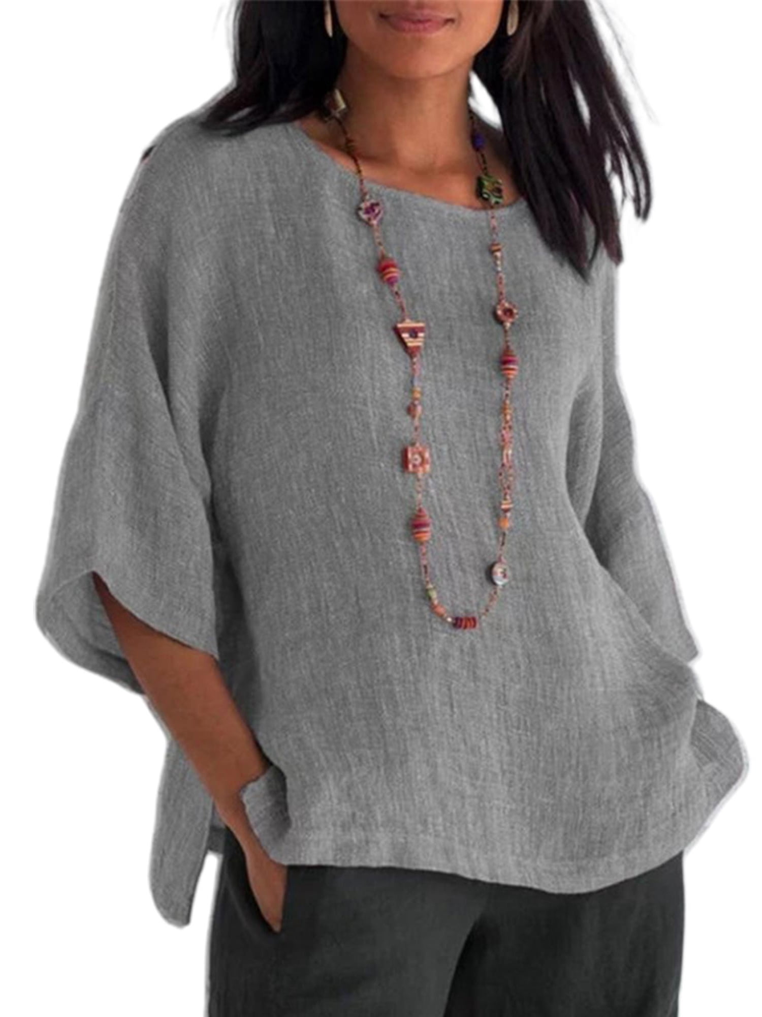 DYMADE Womens Cotton Linen Plus Size Loose Blouses 3/4 Sleeve Casual ...