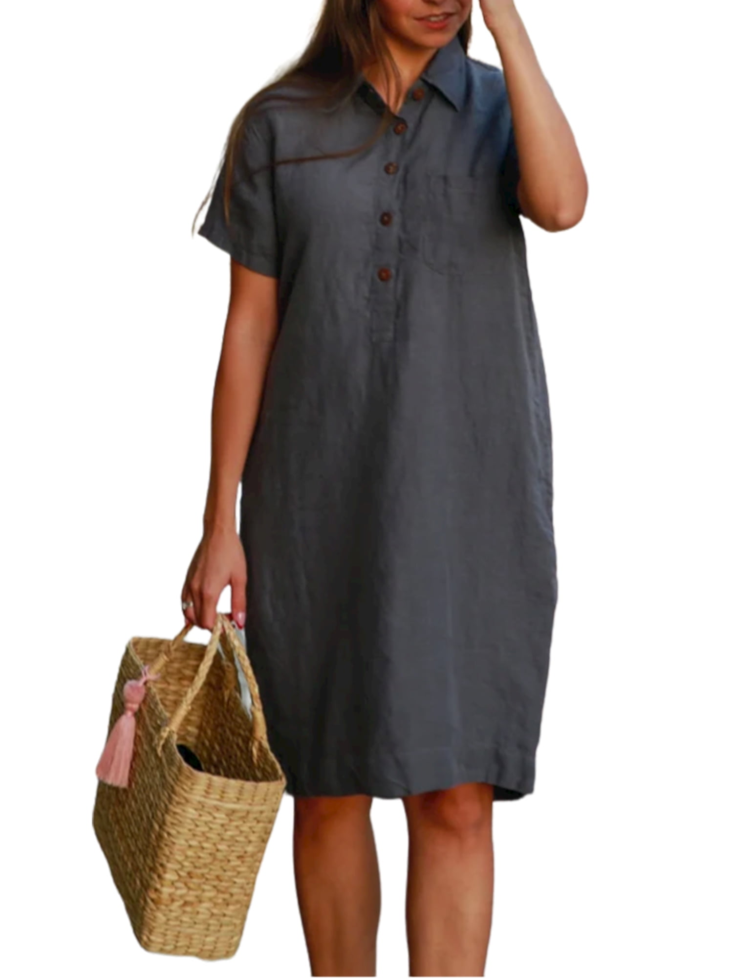 DYMADE Womens Cotton Linen Short Sleeve Half Buttons Casual Loose Shirt