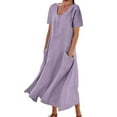 thumbnail image 1 of DYMADE Womens Cotton Linen Summer Casual Short Sleeve Round Neck Pockets Loose Fit Fit & Flare Dress, 1 of 5