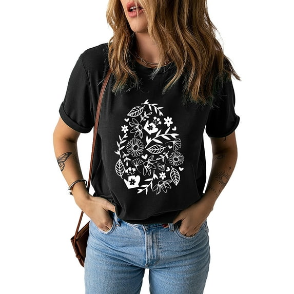 DYMADE Womens Easter Print Round Neck Short Sleeve Cotton Summer Basic T-Shirt Tops