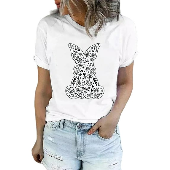 DYMADE Womens Easter Print Round Neck Short Sleeve Cotton Summer Basic T-Shirt Tops
