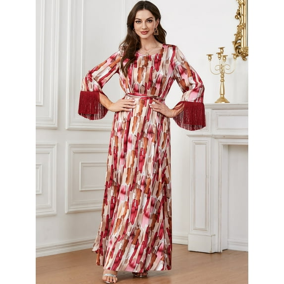 DYMADE Womens Fashion Muslim Ethnic Style Contrast Color Tassels Long Sleeve Loose Waist Maxi Dress