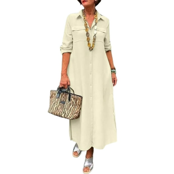 DYMADE Womens Fashion Plus Size S-5XL Pockets Turn-down Collar Long Sleeve Button Shirt Dress