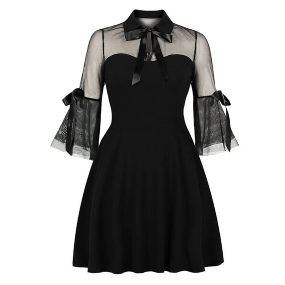 DYMADE Womens Flared Sleeve Sheer Mesh Vintage Party A-Line Dress