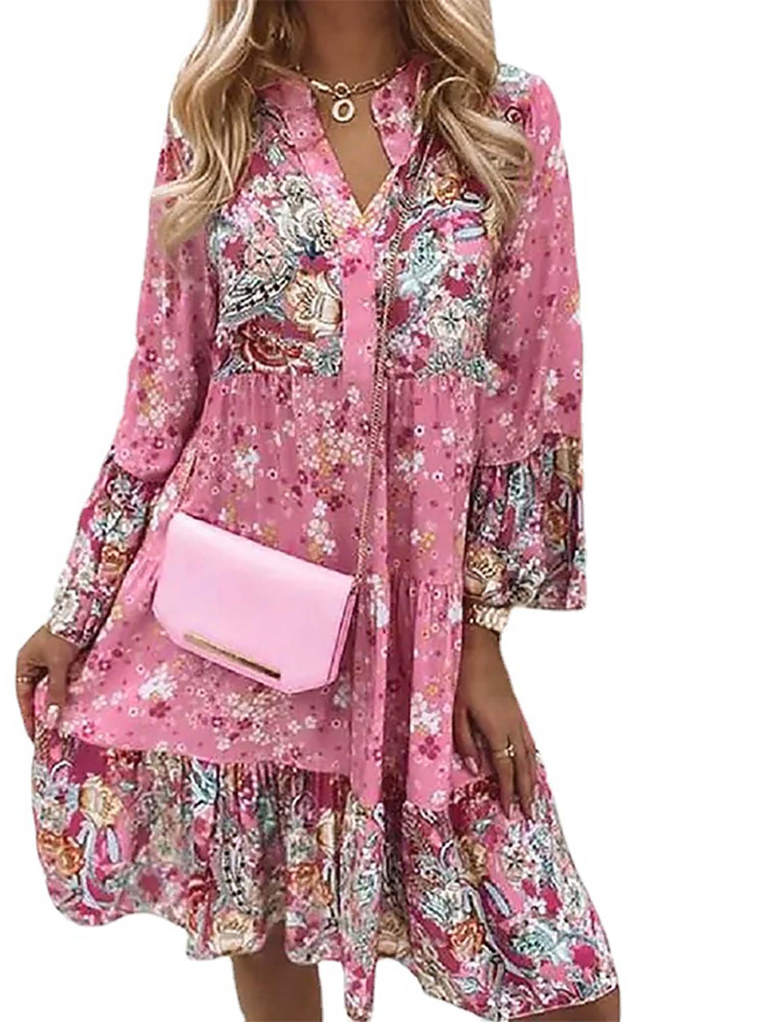 DYMADE Womens Floral V-Neck Bell Sleeve Swing Dress - Walmart.com