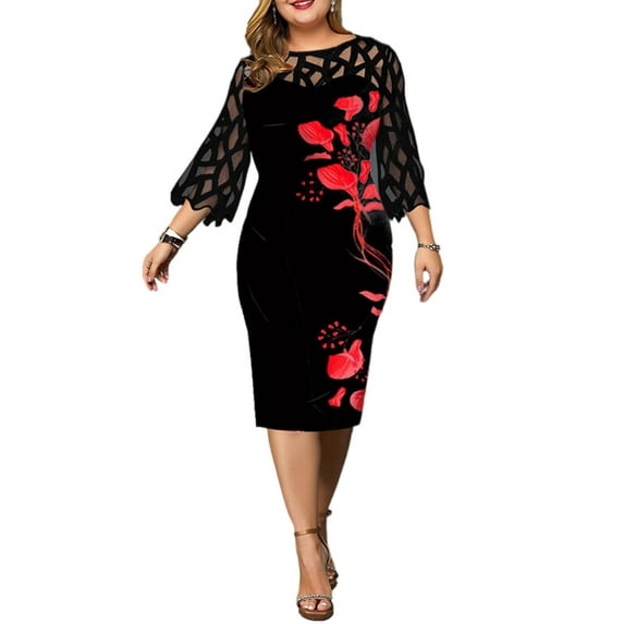 DYMADE Womens Formal Dresses Ball Gown Floral Lace Stitching 3/4 Sleeve Party Cocktail Bodycon Dresses Plus Size