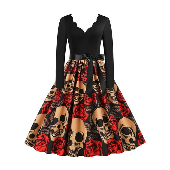 DYMADE Womens Halloween Gothic Printed V-Neck Long Sleeve Vintage A-Line Dress