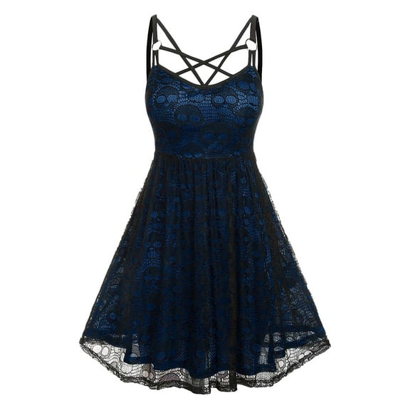 DYMADE Womens Halloween Gothic Skulls Print Vintage Strappy Lace Lined Dress