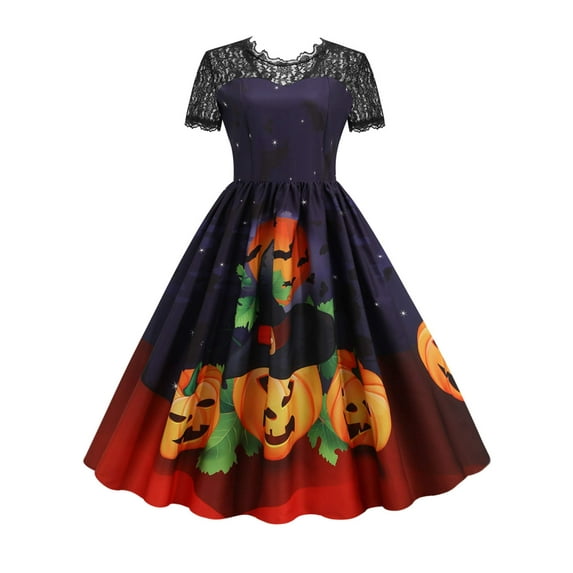 DYMADE Womens Halloween Lace Short Sleeve Printed Swing Dress