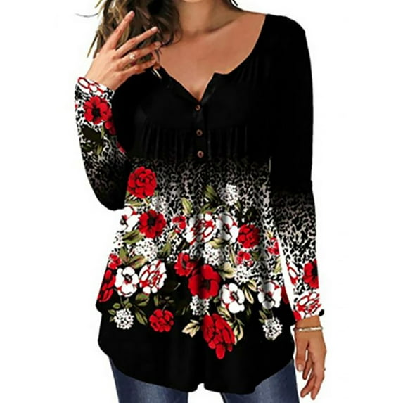 DYMADE Womens Henley Button V-Neck Long Sleeve Casual Blouse Pleated Tunic Printed Shirt Top