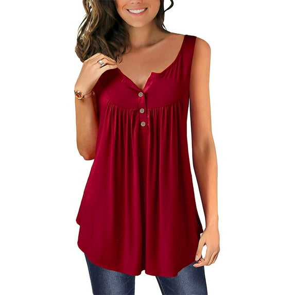 DYMADE Womens Henley V-Neck Casual Blouse Pleated Button Solid Tunic Shirt Top