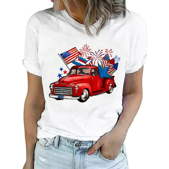 DYMADE Women's Cotton Basic Top Independence Day Short Sleeve Round Neck US Flag Print T-Shirts