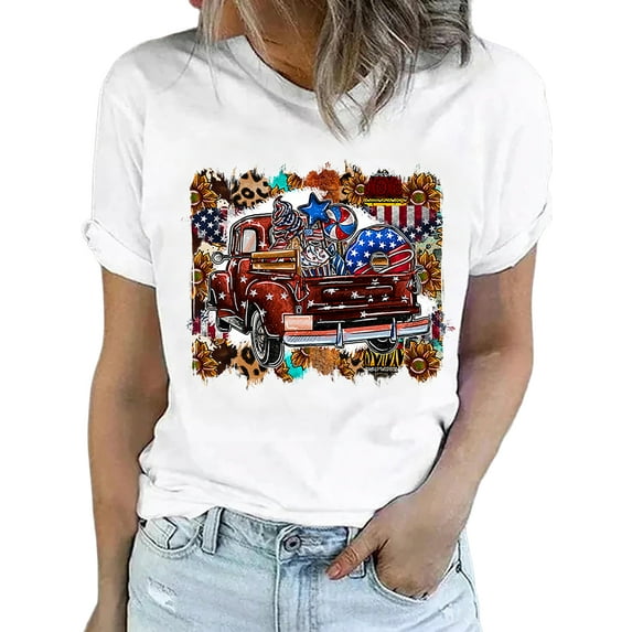 DYMADE Womens Independence Day Short Sleeve Round Neck US Flag Print Cotton T-Shirt Basic Tops