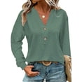thumbnail image 1 of DYMADE Womens Jacquard Long Sleeve V-Neck Solid Button Henley Basic Blouses, 1 of 2