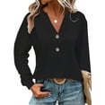 thumbnail image 1 of DYMADE Womens Jacquard Long Sleeve V-Neck Solid Button Henley Basic Blouses, 1 of 3