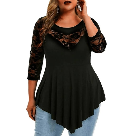 DYMADE Womens Lace Stichting Asymmetrical Hem 3/4 Sleeve Crew Neck Plus Size T-Shirts