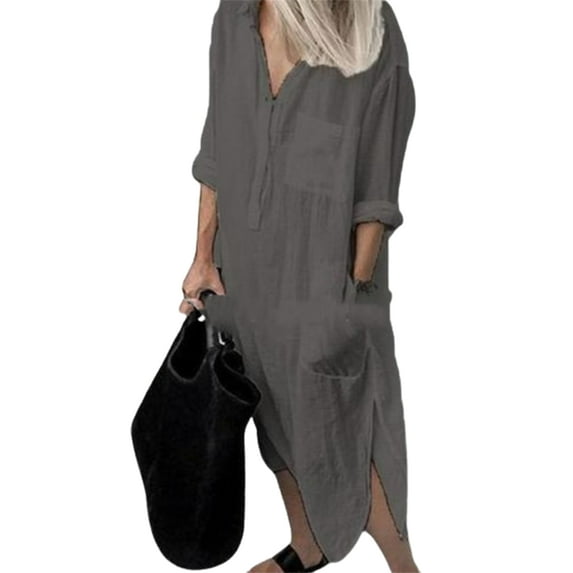 DYMADE Womens Leisure Summer Cotton Linen Pockets Button 3/4 Sleeve Loose Shirt Dresses