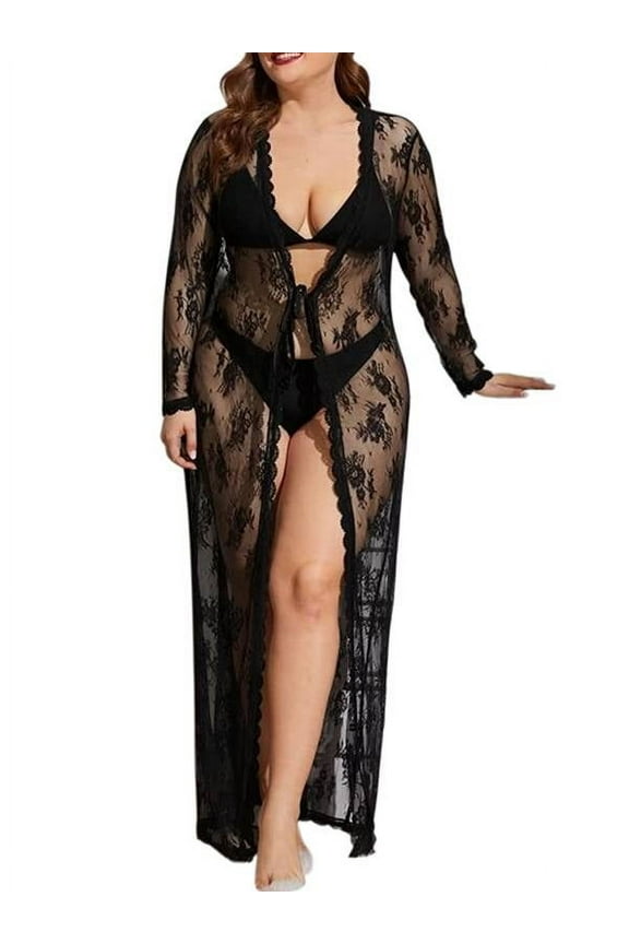 Womens Lingerie Plus Size Valentine's Day Sexy Sheer Stretchy Kimono Nightdress Babydoll Lace Robes