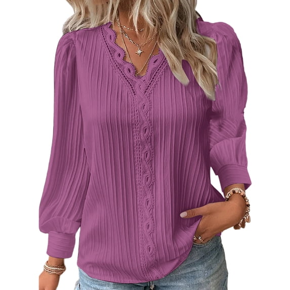 DYMADE Womens Long Sleeve V-Neck Casual Solid Color Hollow Out Basic Blouses T-Shirt