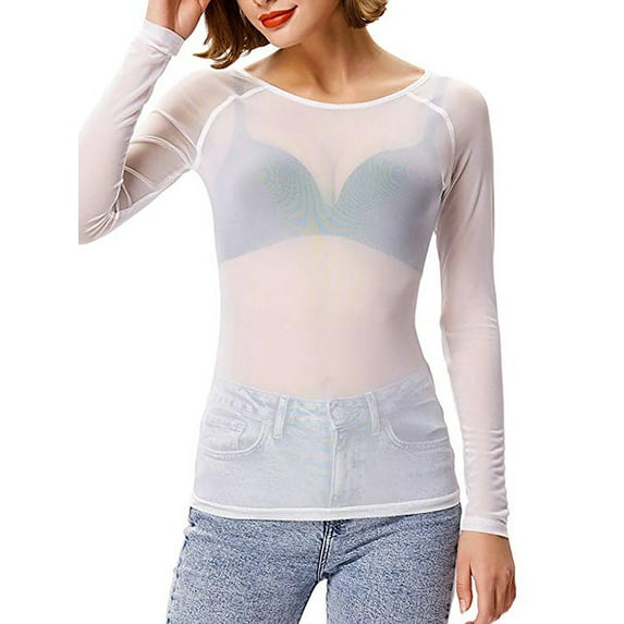 DYMADE Womens Nightclub Sexy Sheer Mesh Long Sleeve Slim Fit T-Shirt Tops