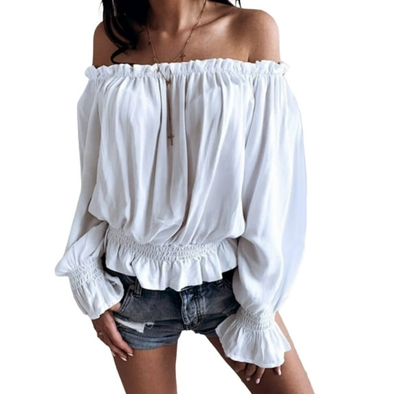 DYMADE Womens Off Shoulder Long Sleeve Blouse Female Ruffle Tops