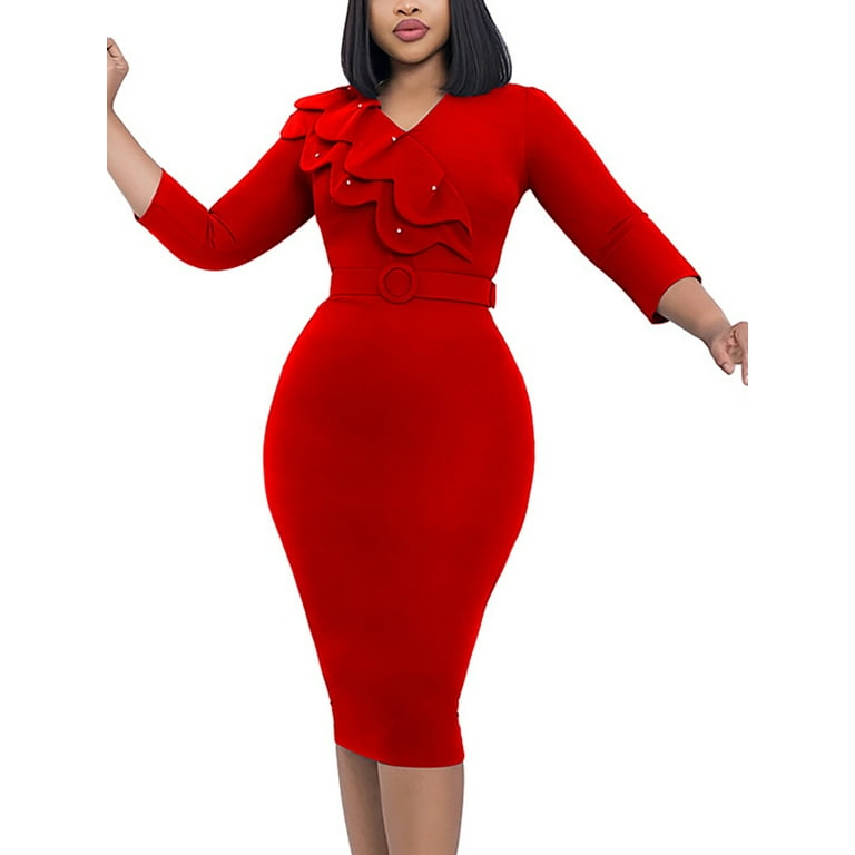3/4 Sleeve Frill Sleeve Knee Length Bodycon Dresses 3/4 Sleeve Frill Sleeve Knee Length Bodycon Dresses