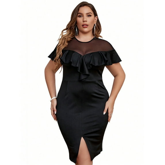 DYMADE Womens Party Cocktail Ball Gown Short Sleeve Ruffle Slim Bodycon Dresses Plus Size