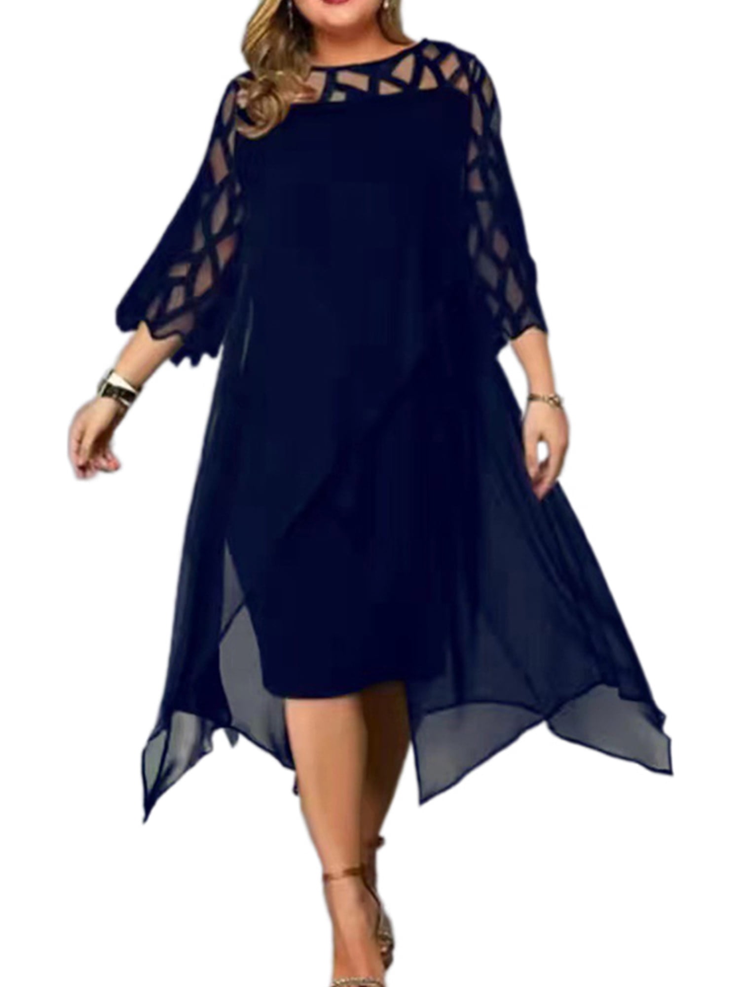 DYMADE Womens Party Wedding Asymmetrical Dresses Lace 3/4 Sleeve Elegant Plus Size Formal