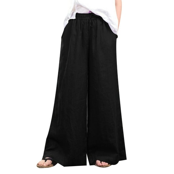 DYMADE Womens Plus Size Cotton Linen Elastic Waist Loose Wide Leg Casual Pants